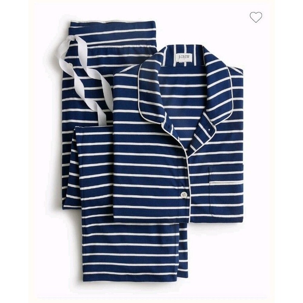 J.Crew Long Sleeve Knit Pajama Pant Set Navy White Stripe Cotton CK478 Size M